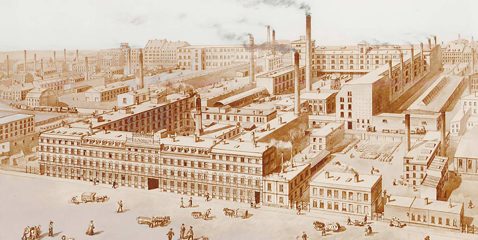 Historische Vogelschau des Konsumzentrale-Ensembles in Leipzig-Plagwitz mit Fuhrwerken und Schornsteinen