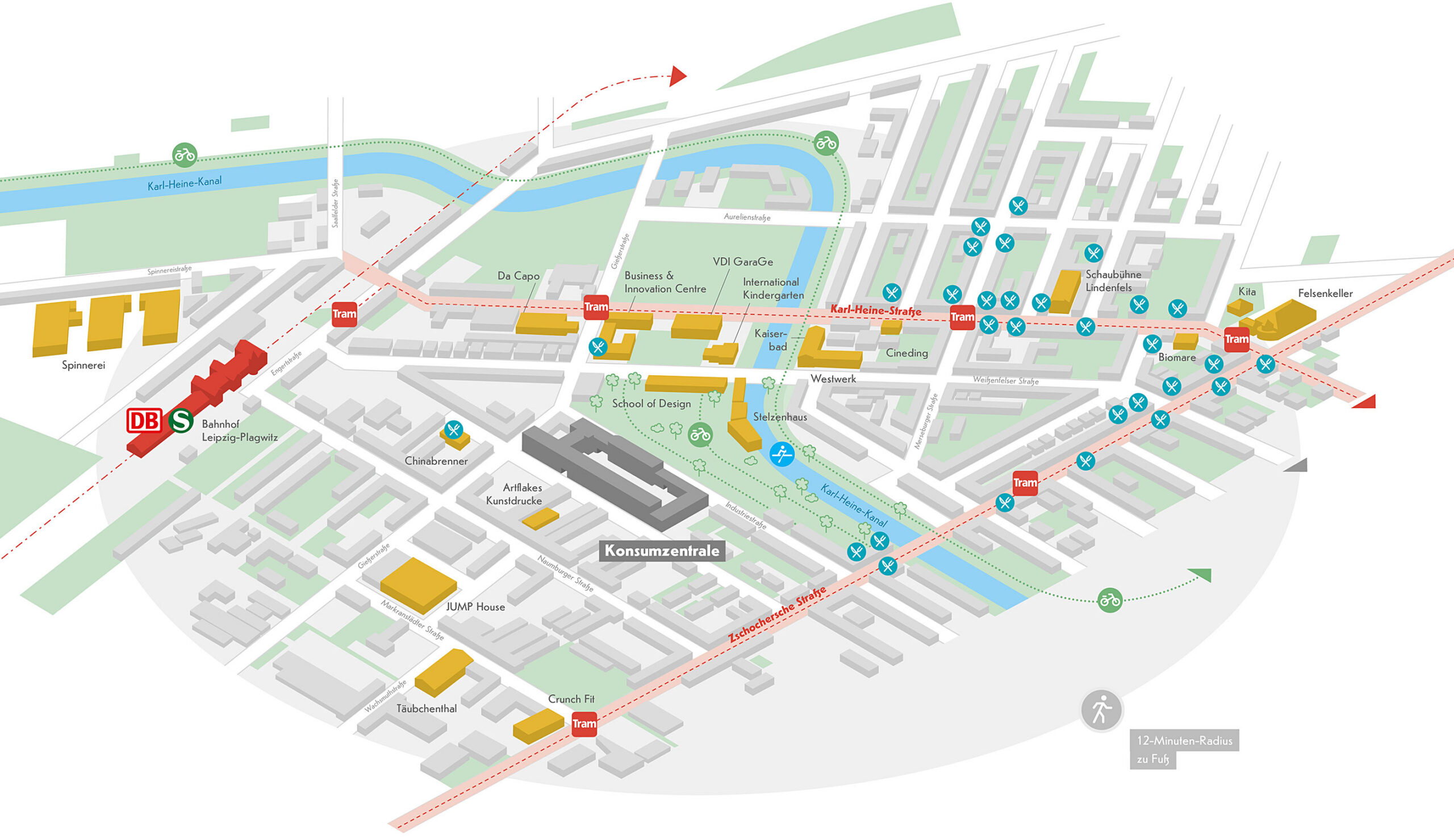 Lageplan der Konsumzentrale in der Industriestraße 95 mit Karl-Heine-Kanal, Haltestellen und Umgebung