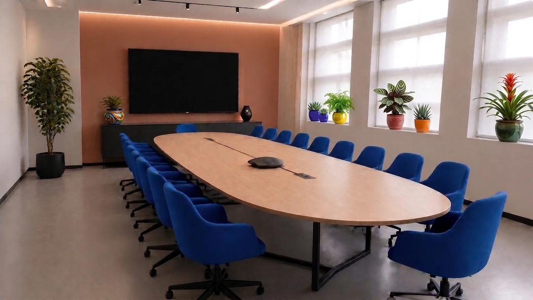 Konferenzraum der Neuen Konsumzentrale mit ovalem Holztisch, blauen Drehstühlen und großem Bildschirm