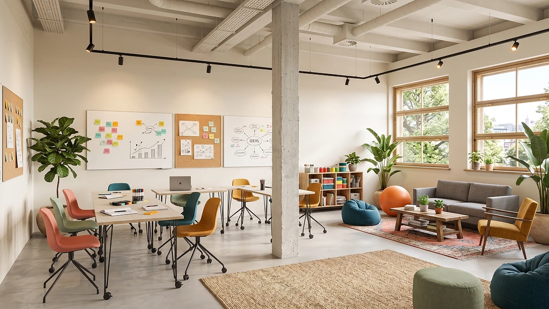 Kreativraum der Neuen Konsumzentrale mit rollbaren Tischen, bunten Stühlen, Whiteboards und Lounge-Ecke am Fenster