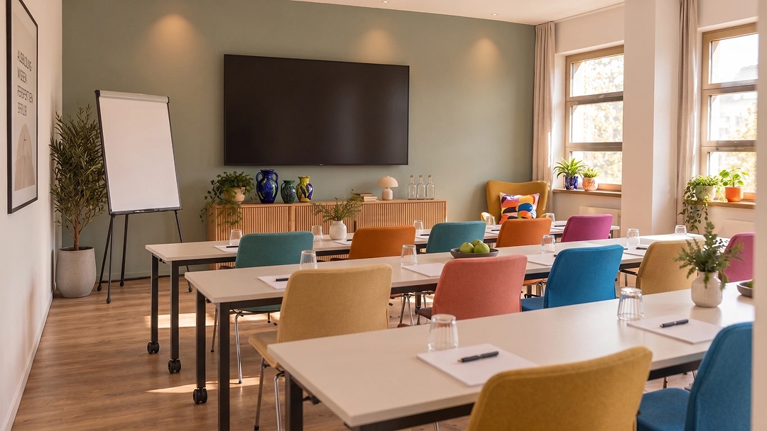 Seminarraum der Neuen Konsumzentrale mit Tischreihen, bunten Stühlen, Flipchart und Bildschirm an der Stirnseite